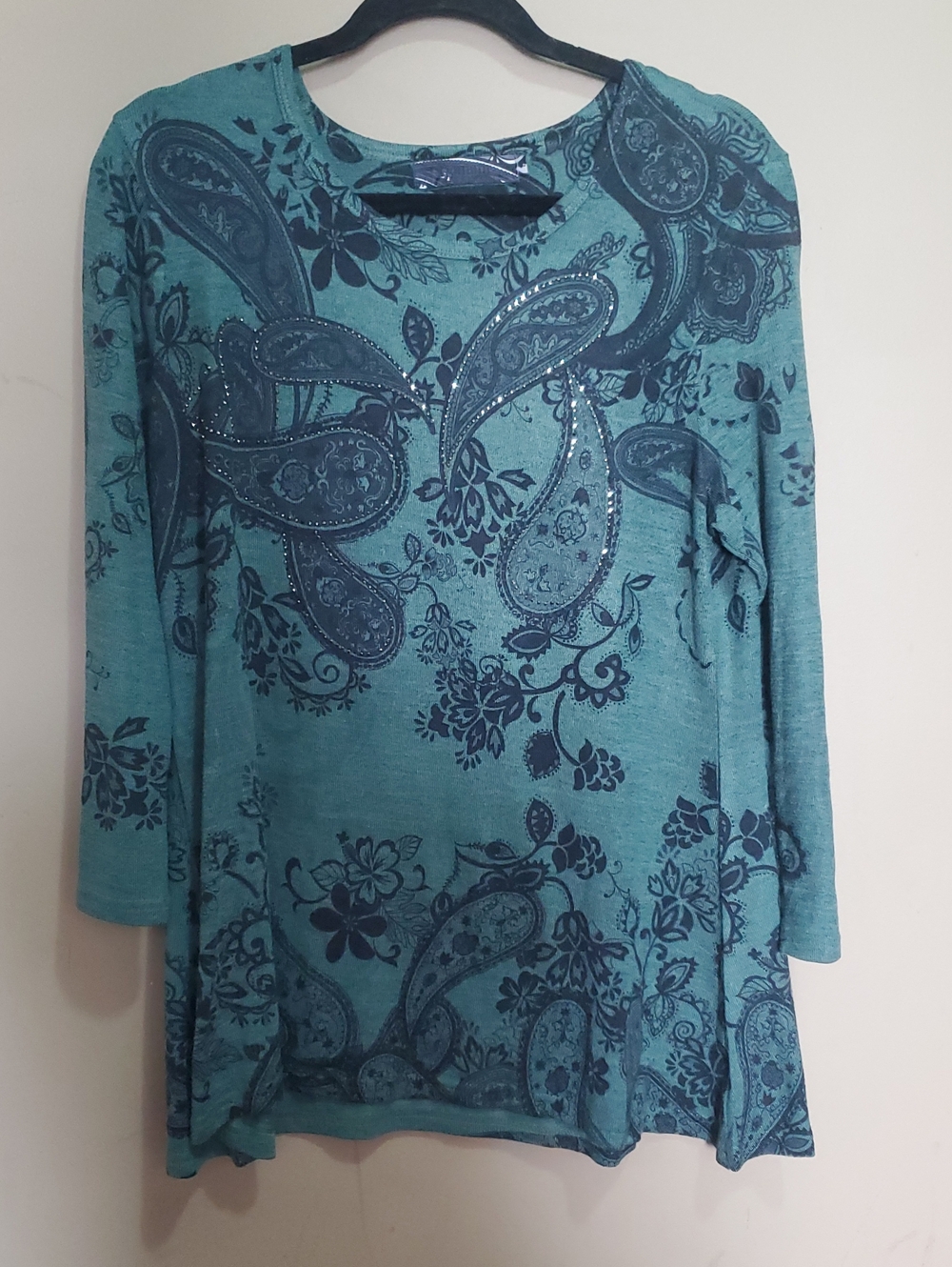 Domani Women's Teal Paisley Long-Sleeve Top Size Large